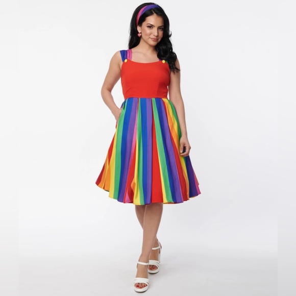NWT Unique Vintage Red & Rainbow Stripe Swing Dress - Picture 4 of 8